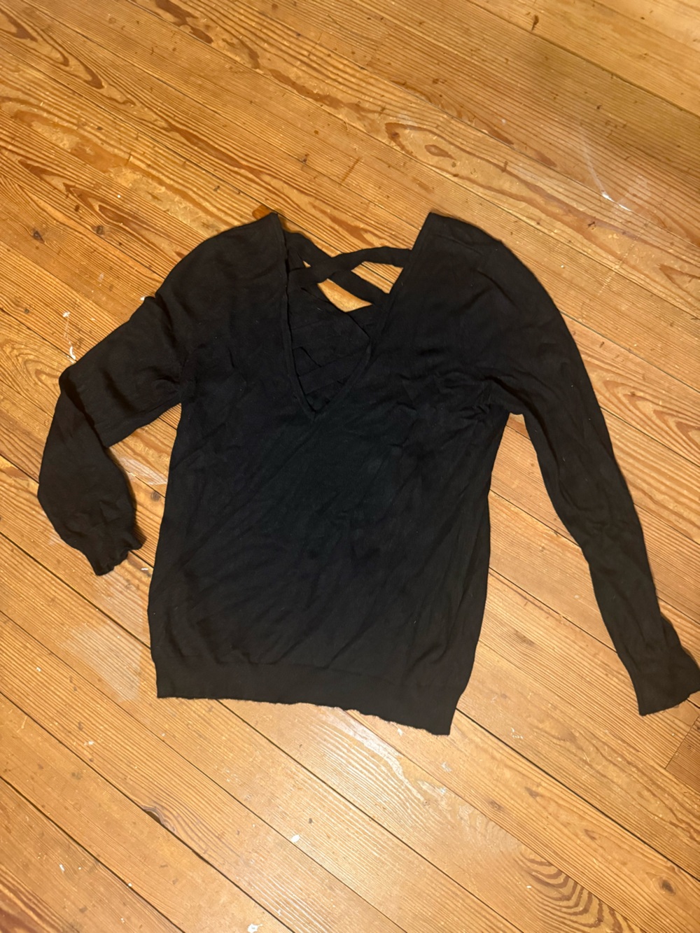 Love Black Long Sleeve V-Neck Top with Back Strap Detail